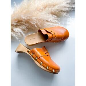 By Far Hans Wooden Mules Clogs Size 8 Tan Leather Studded Slip On Retro Hippie